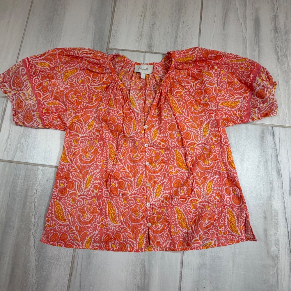 Cleobella Orange Pink Paisley Floral Button Front Puff Sleeve Blouse‎ Small